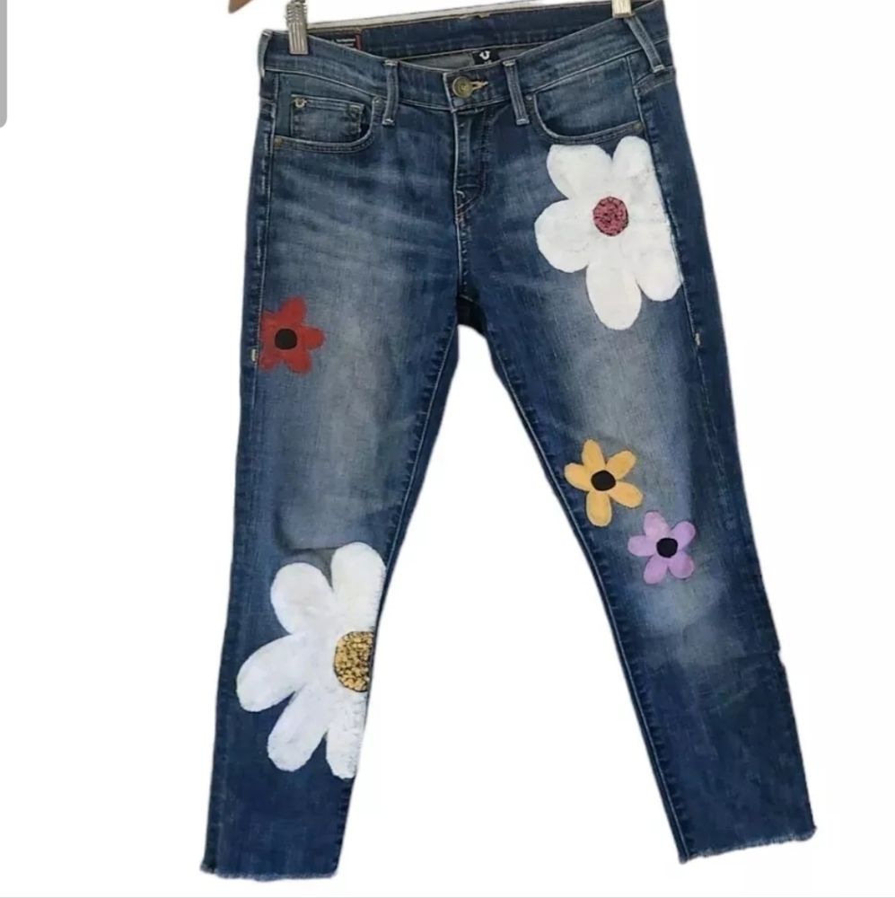True Religion Womens 26 Cameron Slim Boyfriend Distillery Hand Painted Floral